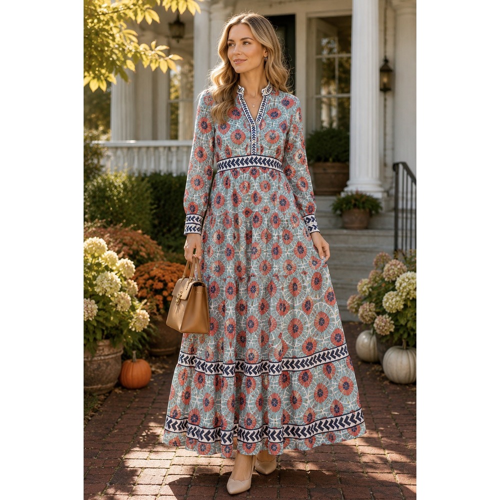 CK Bradley Metallic Floral Maxi Dress M Blue Coral Gold Lurex Tiered Preppy Boho